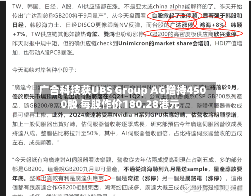 广合科技获UBS Group AG增持4500股 每股作价180.28港元