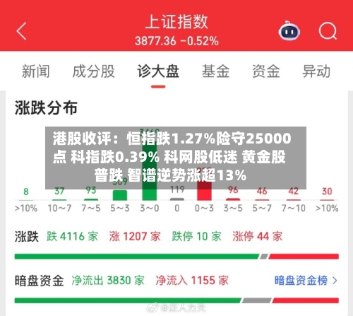 港股收评：恒指跌1.27%险守25000点 科指跌0.39% 科网股低迷 黄金股普跌 智谱逆势涨超13%