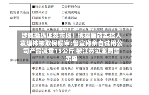 涉嫌操纵证券市场！博瑞医药实控人袁建栋被取保候审:曾宣称亲自试用公司产品减重15公斤 被江苏证监局警示函